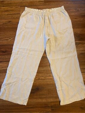 Boden Womens Wide Leg Linen Drawstring Pants Sz 16 R Pull On Pockets Beige Beach